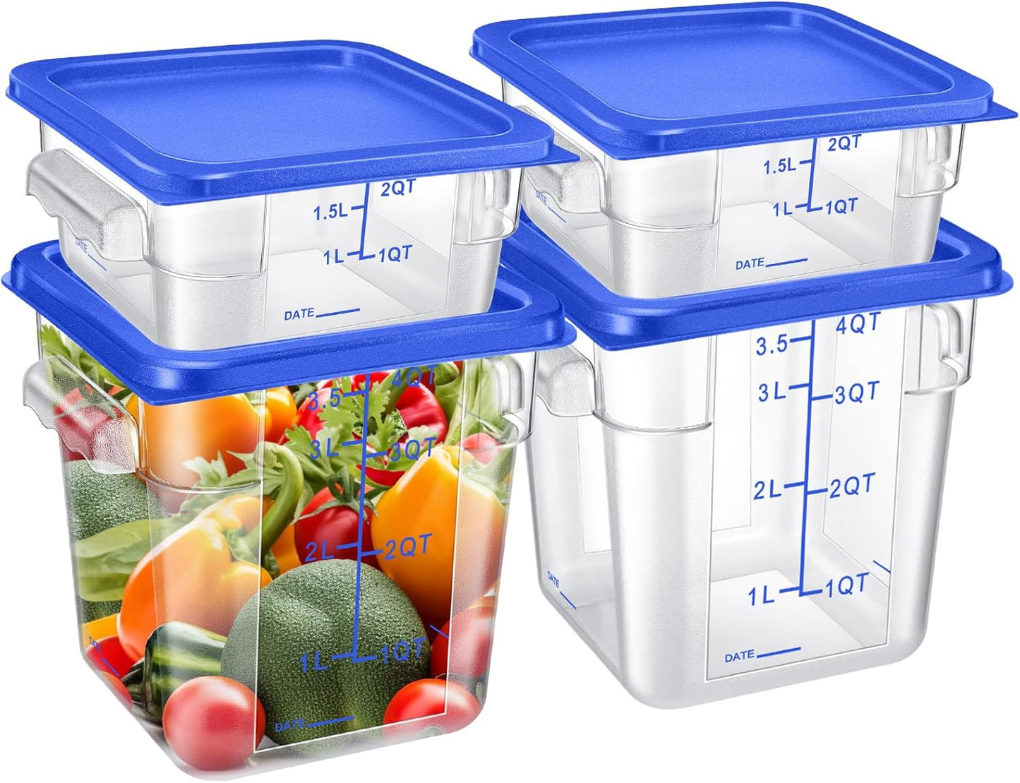 Barydat 4 Pcs Food Storage Container with Lids 2Qt and 4Qt Square Commercial Containers with Scales and Handles Polycarbonate Clear Food Storage for Kitchen Proof Dough Marinating Meat(Blue)