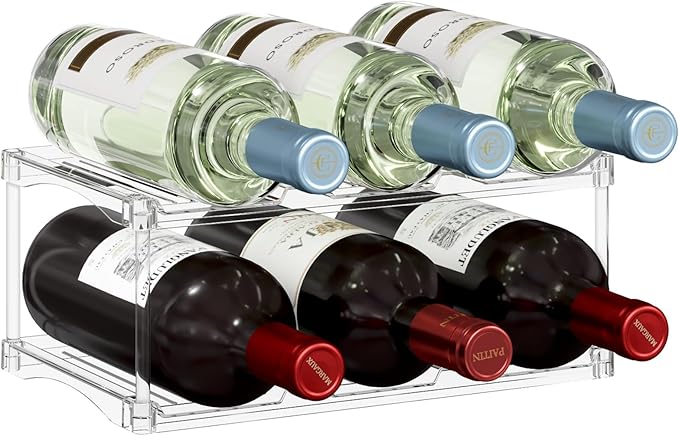 Lifewit Stackable Water Bottle Storage Organizer, Clear Freestanding Wine Bottle Holder for Cabinet, Tumbler Cup Organizer, Plastic Large Compartment Wine Rack for Fridge Cellar, 2Tier Hold 6