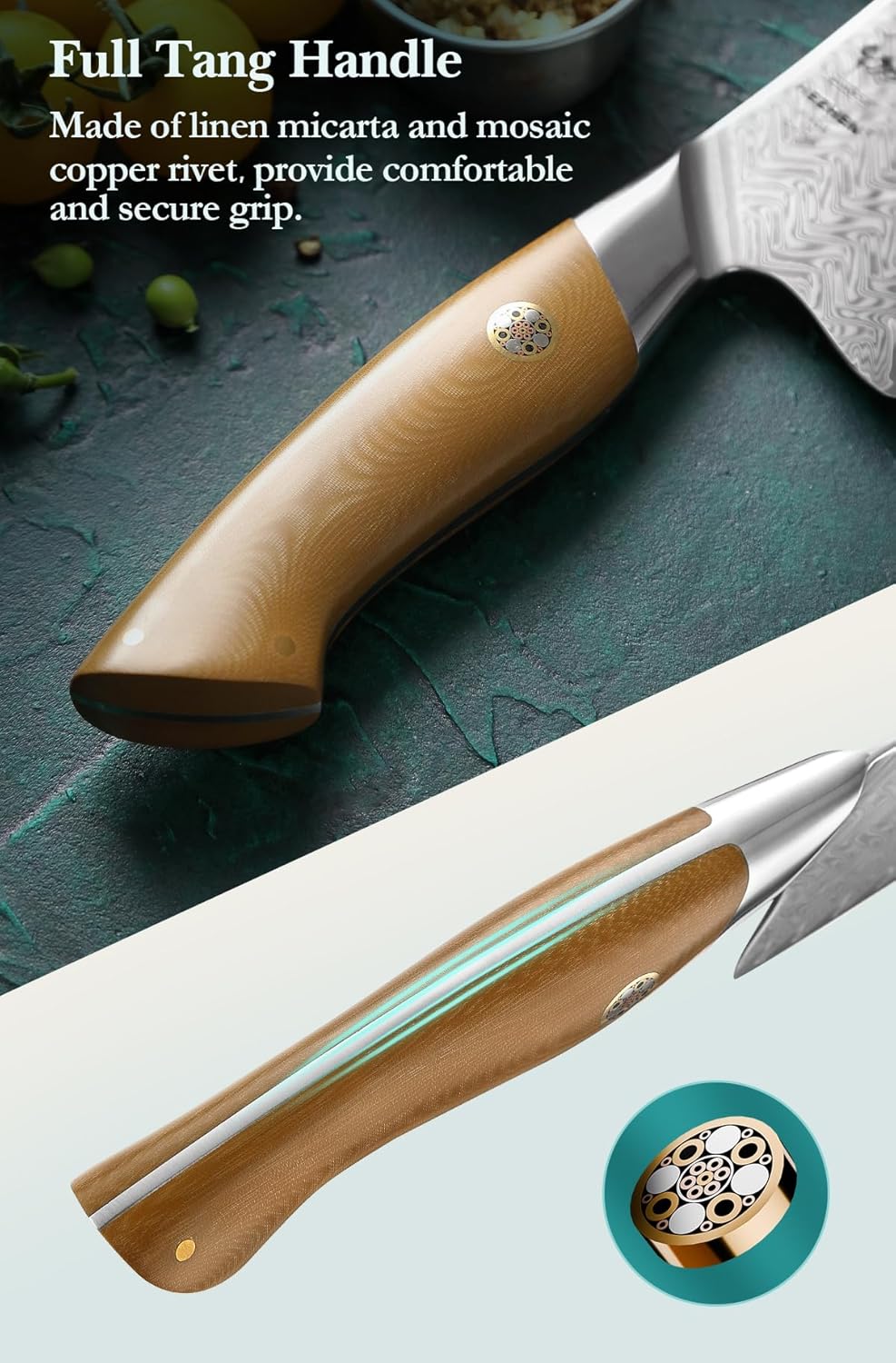 HEZHEN Damascus Chef Knife, 8.5 Inches, 67 Layers Damascus Steel, Professional Japanese Kitchen Knife for Chefs and Home Cooking, Ultra-sharp Blade with Linen Micarta Handle, Gift Packing