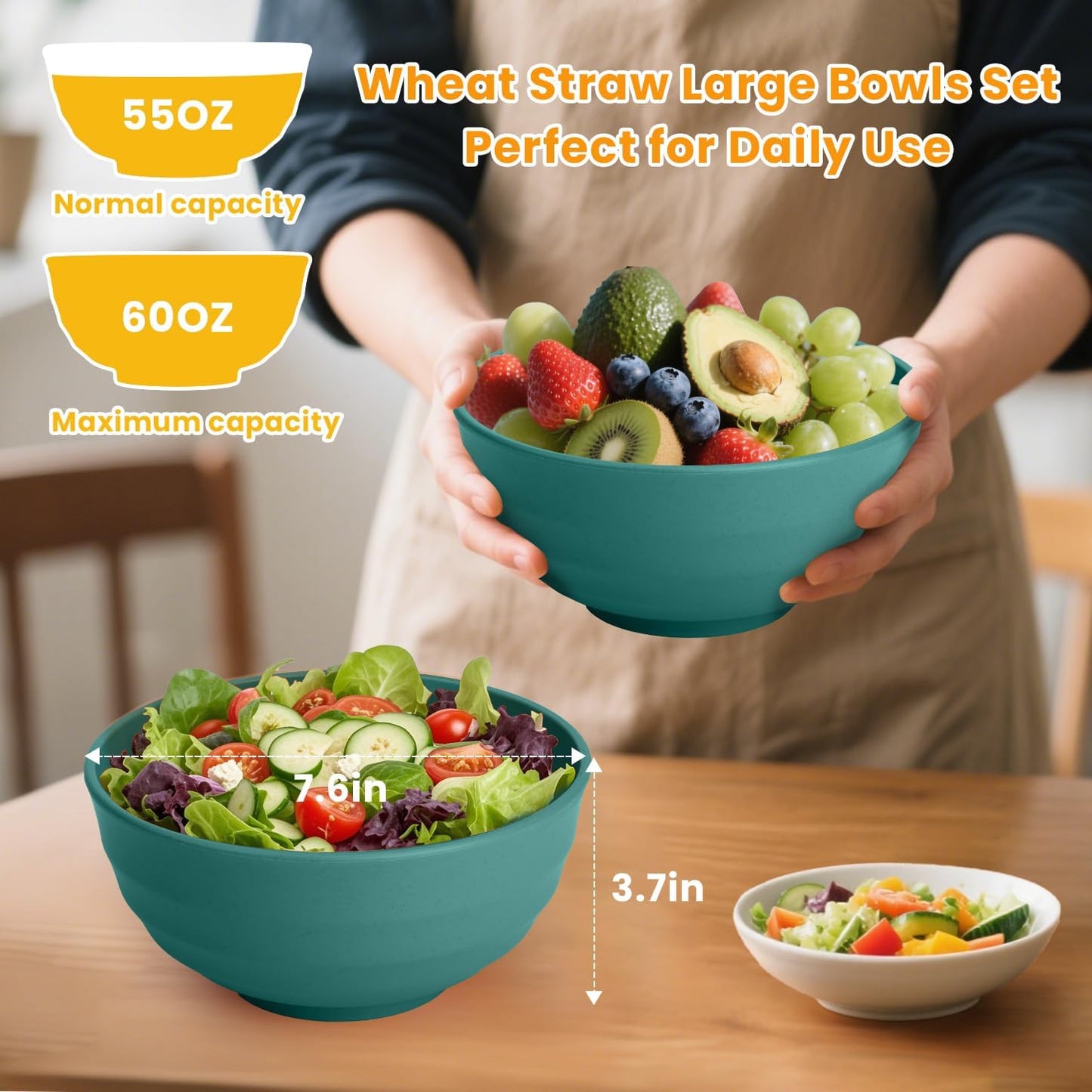 Homienly Wheat Straw Large Bowls, 60 OZ Salad Bowls Set of 8, Unbreakable Large Serving Bowl for Kitchen, Camping, Microwave and Dishwasher Safe Big Plastic Bowl Set Reusable-Green