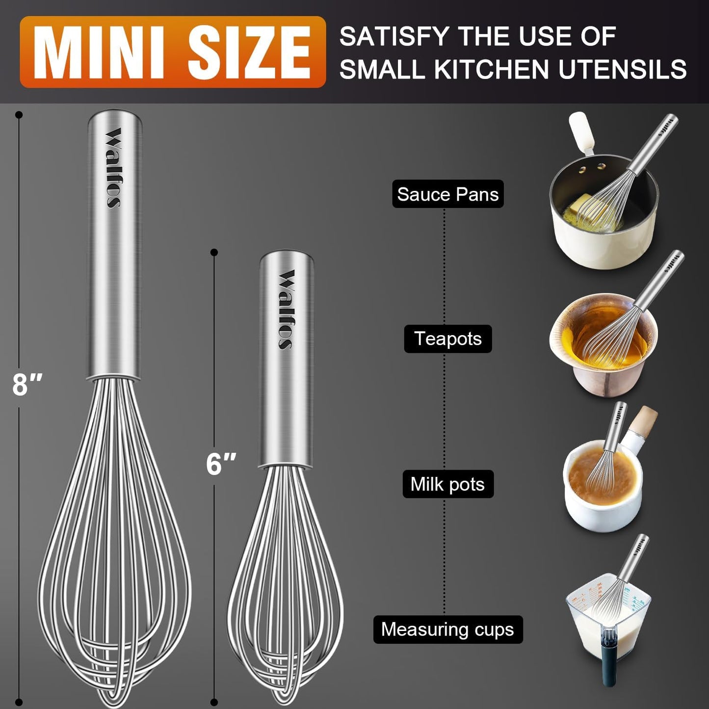 Walfos Mini Whisk,6+8 in Small Whisk,304 Stainless steel Whisks Heat Resistant 600°F,Nice for mixing salad dressings or beating an egg.Tiny whisk size great for narrow and shallow vessels.Silver