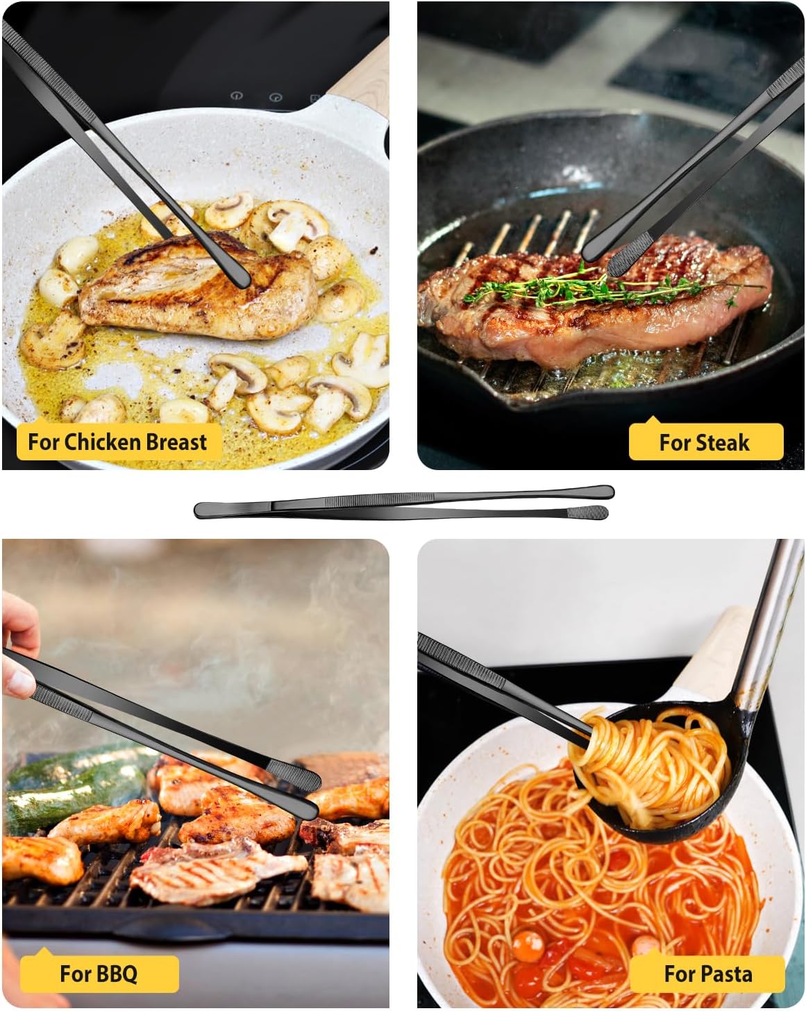 2 Pcs 12-Inch Kitchen Tweezers Fine Tweezer Tongs, Stainless Steel Professional Long Cooking Tweezers for BBQ, Sea Food, Repairing and Serving (BLACK)