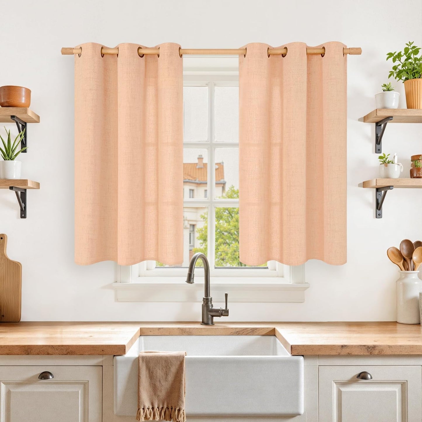YoungsTex Peach Linen Semi Sheer Curtains 40 Inches Long for Kitchen Cafe Window, Short Drapes with Bronze Grommet Privacy Light Filtering for Living Room Bathroom Bedroom, 42 x 40 Inch, 2 Panels