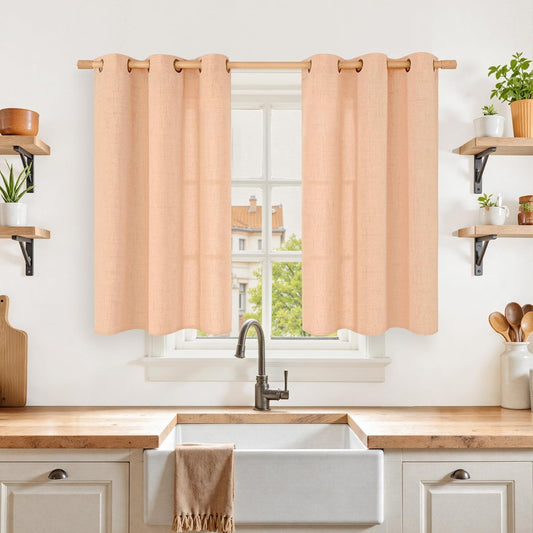 YoungsTex Peach Linen Semi Sheer Curtains 40 Inches Long for Kitchen Cafe Window, Short Drapes with Bronze Grommet Privacy Light Filtering for Living Room Bathroom Bedroom, 42 x 40 Inch, 2 Panels