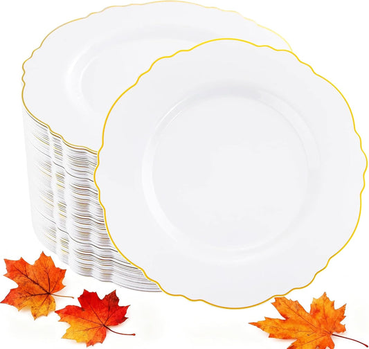 WDF 60pcs Gold Dessert Plates-7.5inch Baroque White and Gold Small Plastic Plates/Disposable Dessert/Salad/Cake/Appetizer Plastic Plate for Upscale Thanksgiving Parties/Wedding/Birthday