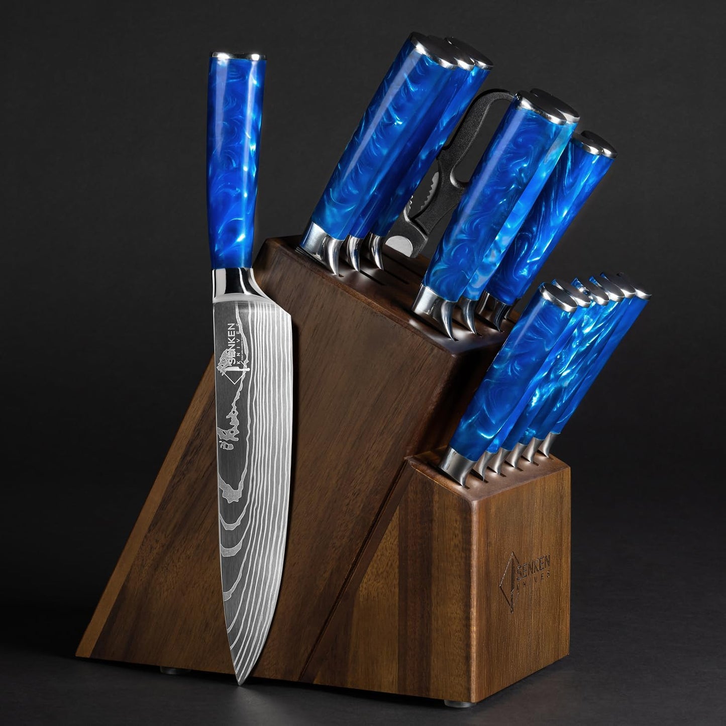 SENKEN 16-Piece Kitchen Knife Block Set - Japanese Chef's Knife Set with Laser Damascus Pattern, Includes 6 Steak Knives and Smoothly-Finished Acacia Hardwood Knife Block (Blue Resin Handles)