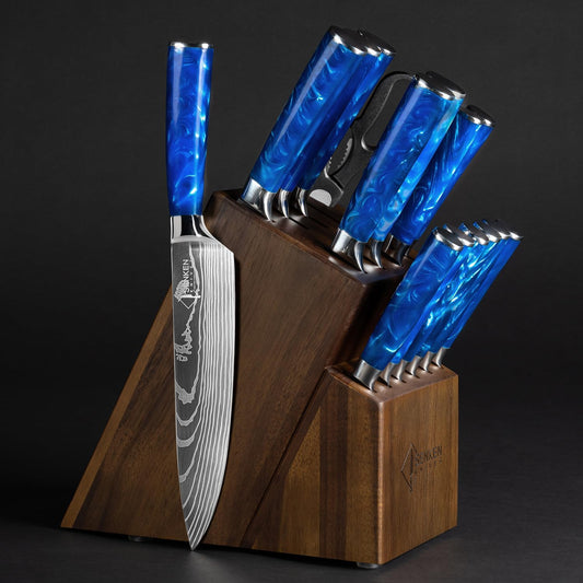 SENKEN 16-Piece Kitchen Knife Block Set - Japanese Chef's Knife Set with Laser Damascus Pattern, Includes 6 Steak Knives and Smoothly-Finished Acacia Hardwood Knife Block (Blue Resin Handles)
