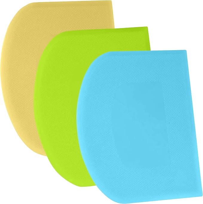 SURDOCA Dough Scraper Bench Scraper - 3P 7.1x4.9" Plastic Flexible Bowl Scraper, Sharp Edge & Angles Cake Scraper. Non-Slip Bakeware Decorating Tools Sculpting & Modeling Tools - Blue+Yellow+Green