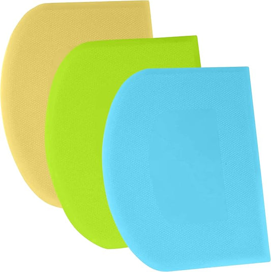 SURDOCA Dough Scraper Bench Scraper - 3P 7.1x4.9" Plastic Flexible Bowl Scraper, Sharp Edge & Angles Cake Scraper. Non-Slip Bakeware Decorating Tools Sculpting & Modeling Tools - Blue+Yellow+Green