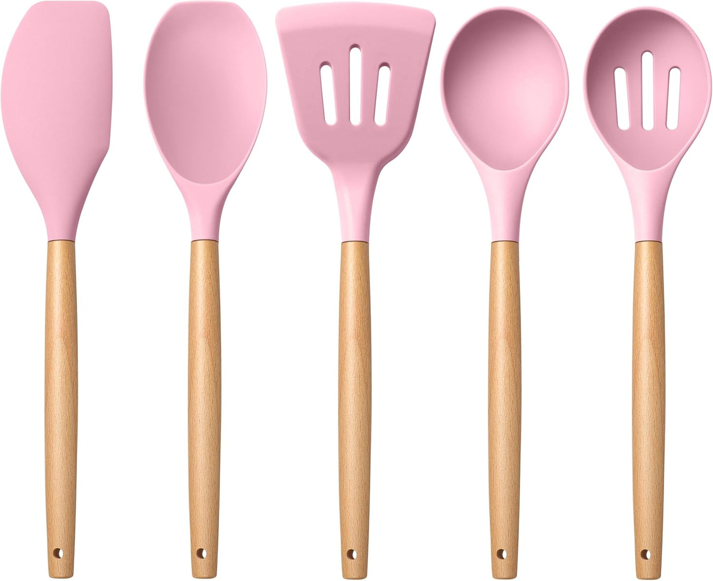 E-far Silicone Cooking Utensils Set, 5-Piece Kitchen Utensils Set with Wooden Handle for Cooking, Silicone Kitchen Nonstick Tools Spatula Turner Slotted Spoons, Nontoxic & Heat Resistant-Pink