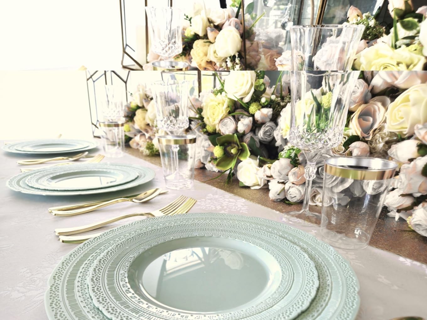 " OCCASIONS " 50 Plates Pack (25 Guests)-Extra Heavyweight Vintage Wedding Disposable/Reusable Plastic Plates -25x11'' Dinner + 25x8.25'' Salad/dessert (Chateau Mint)