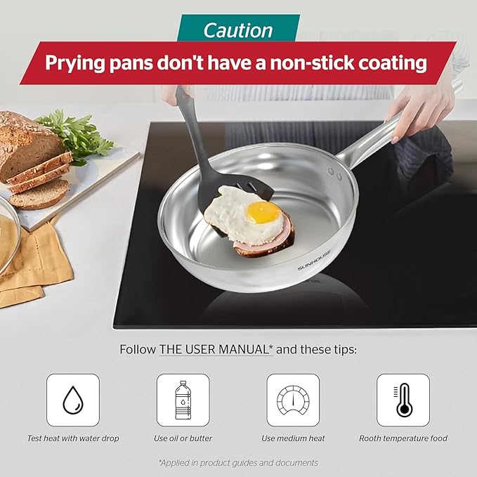 Sunhouse 8 Inch Tri-Ply Stainless Steel Frying Pan, Whole-Clad No Coatings Skillet with Stay-cool Handle for Cooking, Durable & Oven Safe to 500°F, Dishwasher Safe, Compatible with All Cooktops
