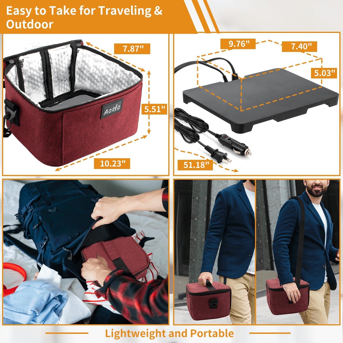 Aotto Portable Oven, Electric Lunch Box Food Heater - 12V/24V/110V 3-in-1 Car Food Warmer - Heated Lunch Box for Adults - Cook, Reheat & Keep Meals Warm for Car, Truck, Travel, Work, Home - Red