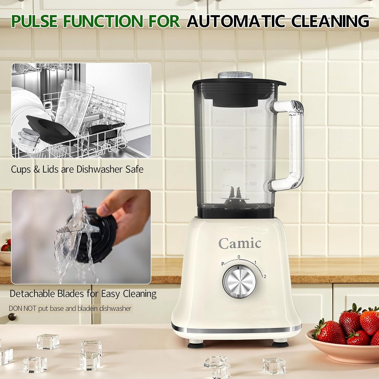 Glass Blenders for Kitchen with 750W, 54Oz. Countertop Blender Glass Jar Food Processor Combo, BPA-Free Blender for Smoothies, Ice Crush,Nuts, Frozen Drinks and Fruits(White)