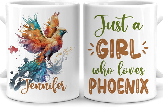 Hyturtle Personalized Gifts Phoenix Lover - Just A Girl Who Loves Phoenixs Custom Name Ceramic Coffee Mug Cup 11oz - Idea Cute Animal Lover Gifts For Women, Girl On Birthday, Christmas