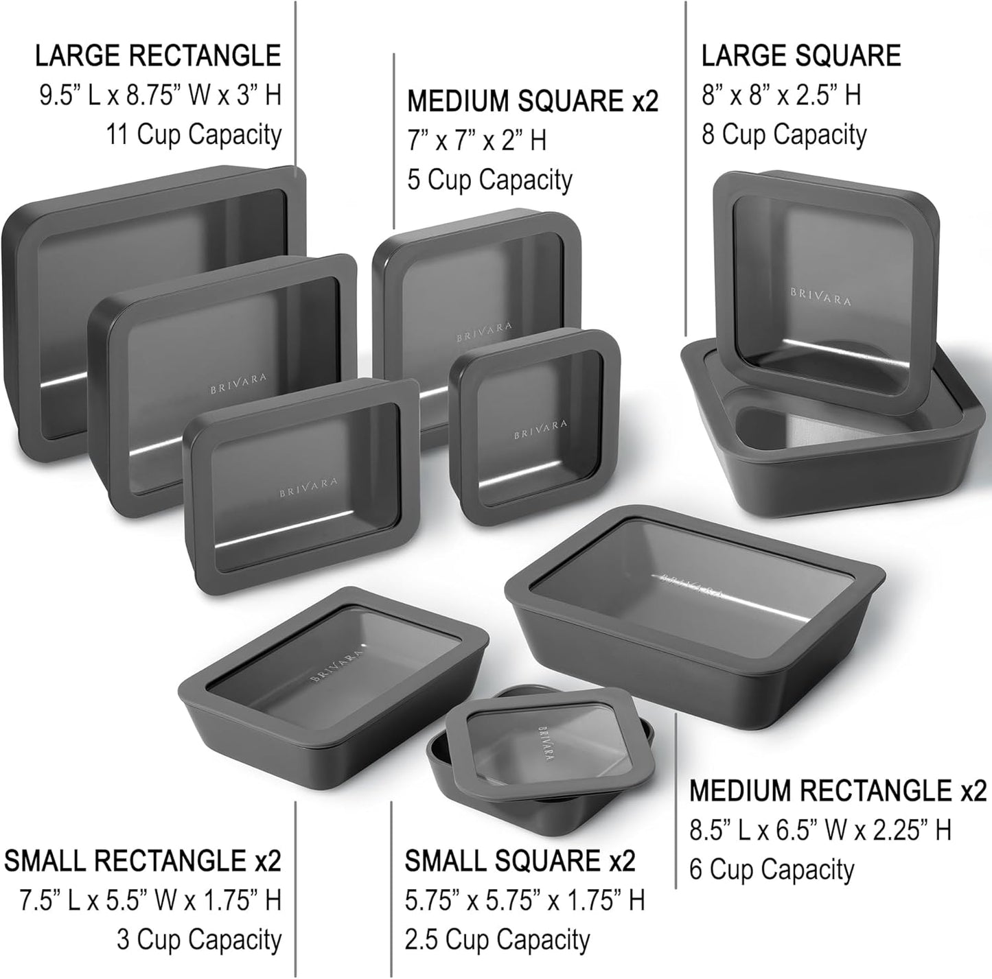 Ceramic Coated Glass Food Storage Containers | No PTFE, PFOA, PFAS, and BPA | Reusable Non Toxic Meal Prep Containers with Glass Lids | Easy To Store | 10 Piece Set [Onyx]