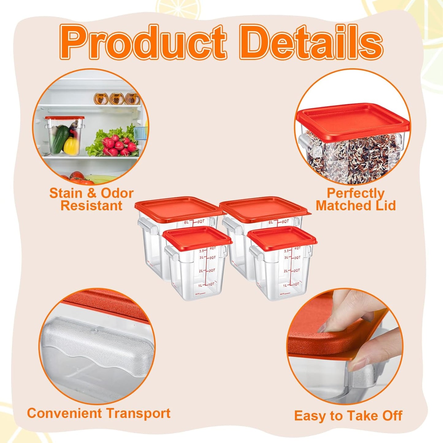 Suclain 8 Pack 4 QT and 6 QT Food Storage Containers with Lids Scales Handles Square Clear Restaurant Food Storage Containers Polycarbonate Commercial Grade for Kitchen Marinating Meat Dough(Red)