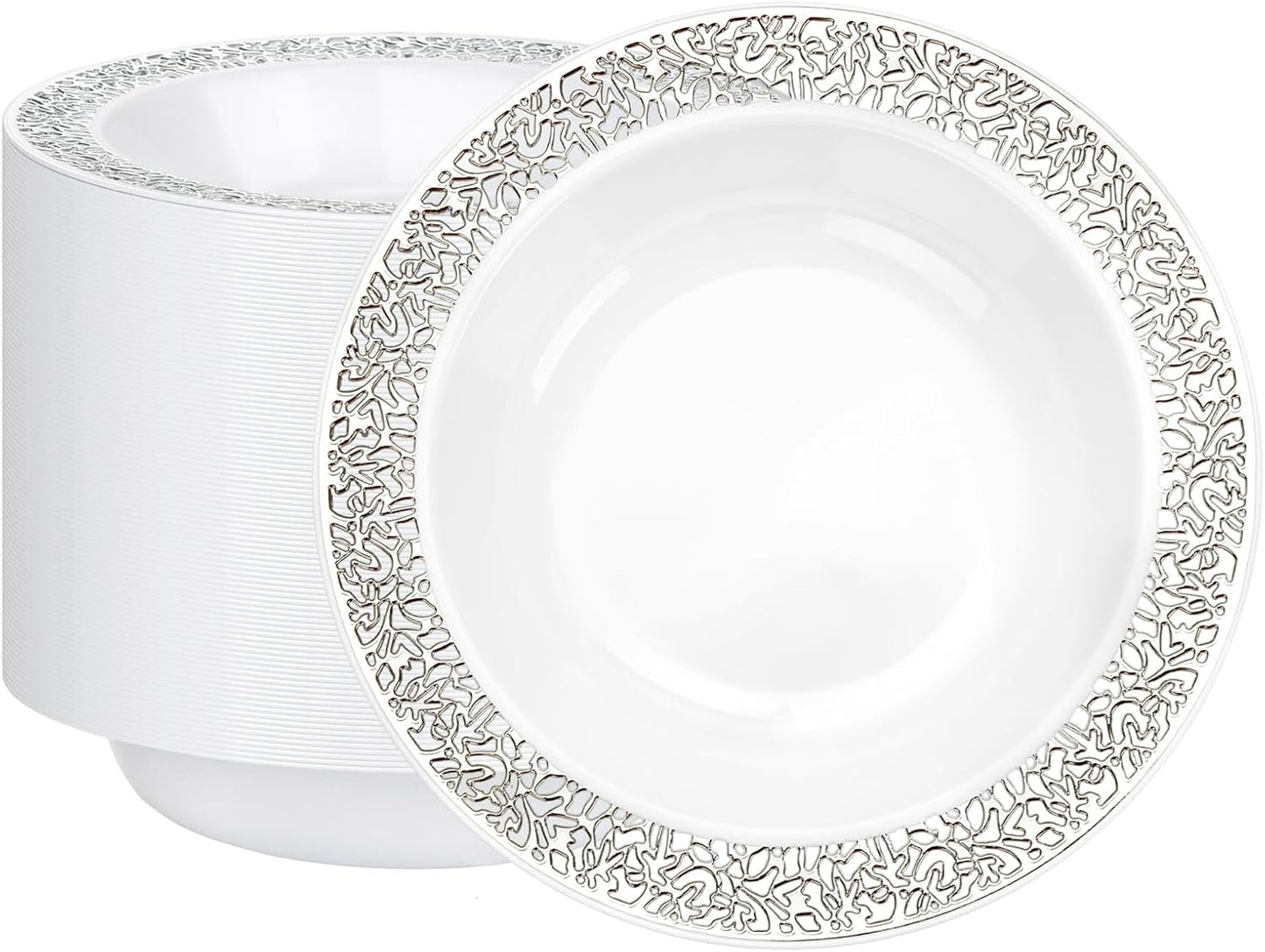 I00000 100 Silver Plastic Bowls, 12 oz Disposable Bowls, Disposable Lace Christmas Thanksgiving Trim, Premium Heavy Duty Plastic Bowl for Party