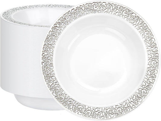 I00000 100 Silver Plastic Bowls, 12 oz Disposable Bowls, Disposable Lace Christmas Thanksgiving Trim, Premium Heavy Duty Plastic Bowl for Party