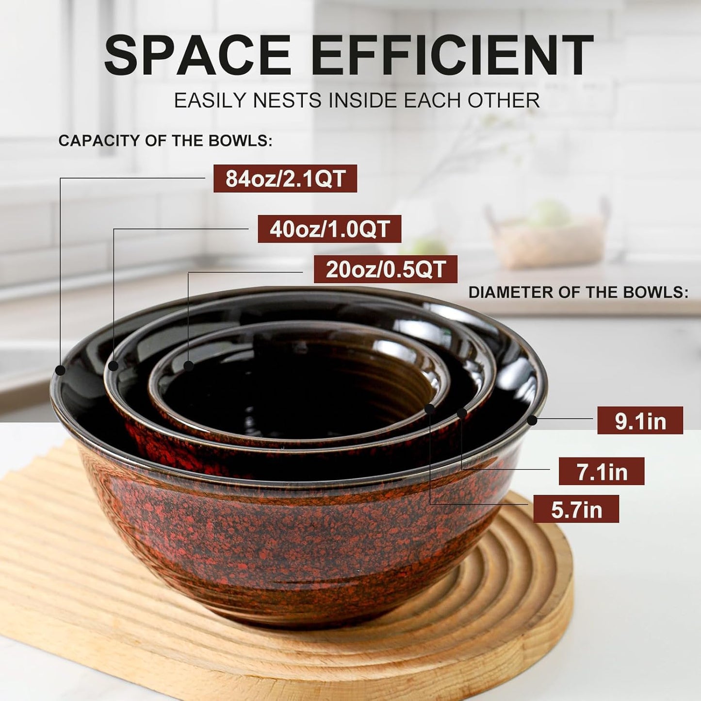 Hasense Ceramic Mixing Bowls, Large Serving Dishes Set of 3 for Cooking, Baking, Prepping, Porcelain Nesting Bowls for Salads, Fruit, Popcorn, Cereal, 2.1/1.0/0.5 Qt, Dishwasher & Microwave Safe, Red