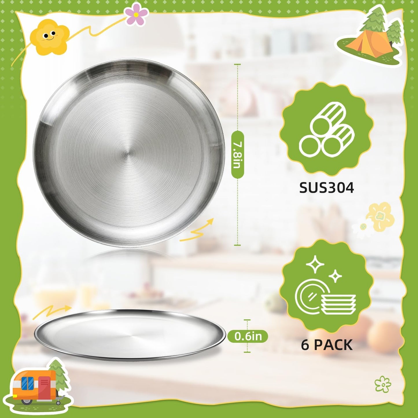 Stainless Steel Kids Plates 6 Pieces 7.8in Metal 304 Unbreakable Plates Dinner Dishes Stainless Steel Camping Plates for Home, Picnic, BBQ, Reusable and Dishwasher Safe