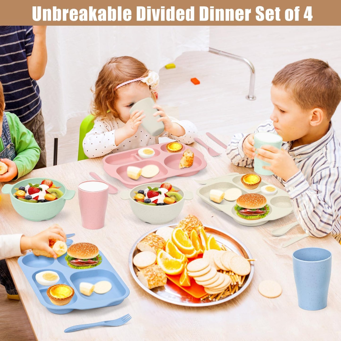 24 PCS Wheat Straw Dinnerware Set for Kids Toddler Plate Bowl Cup Sets Unbreakable BPA-Free Tableware Set with Divided Plate Microwave Dishwasher Safe Perfect for Home School Picnics