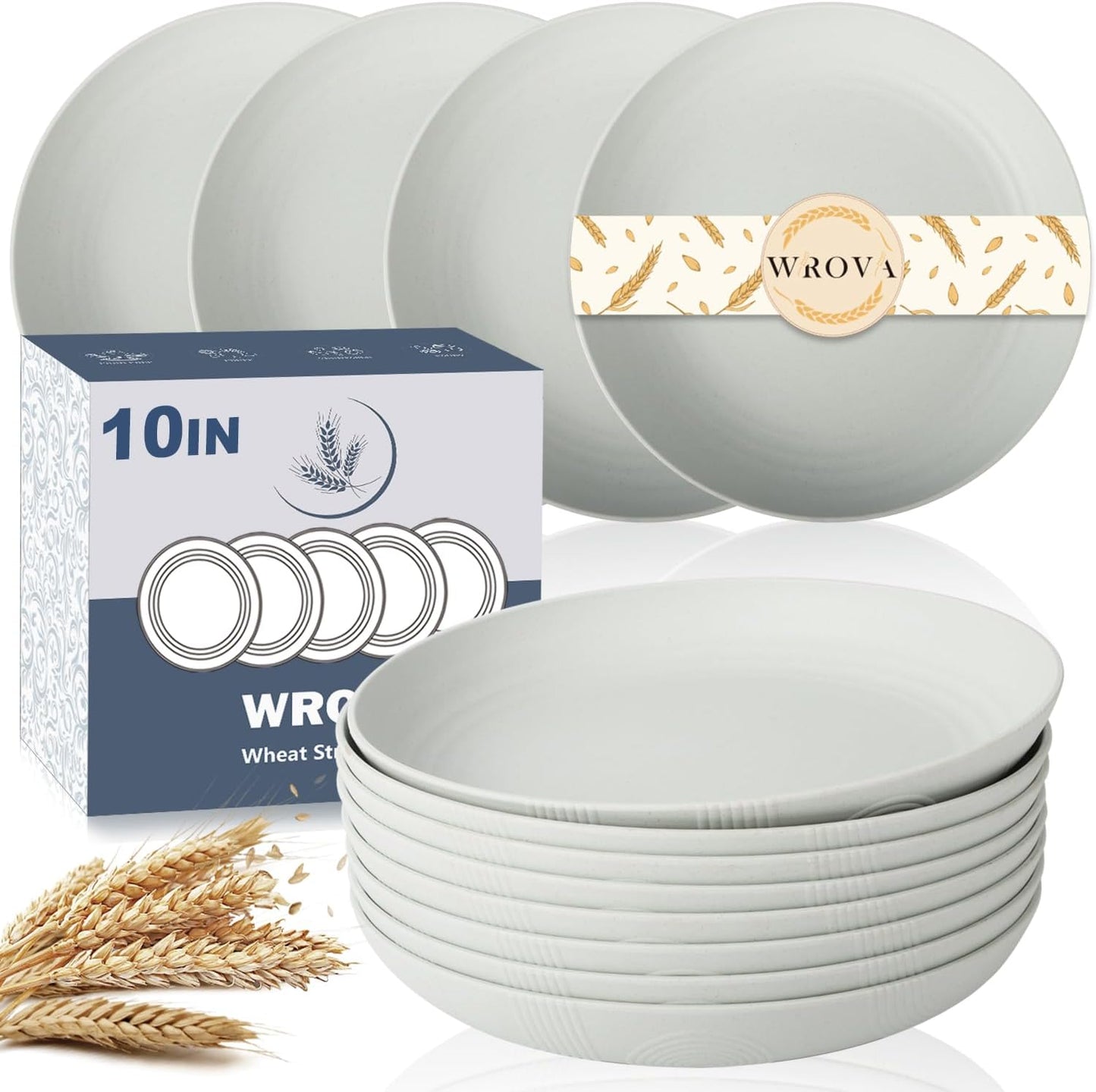Wrova Wheat Straw Plates - 10 Inch Unbreakable Dinner Plates Set of 8 - Dishwasher & Microwave Safe Plastic Plates Reusable for Kitchen and Camping (Light Grey)