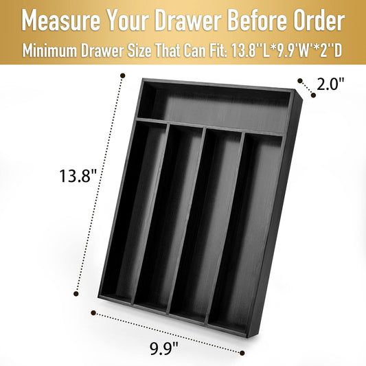 Bamboo Silverware Holder - Drawer Organizer with 5 Slots (Black)