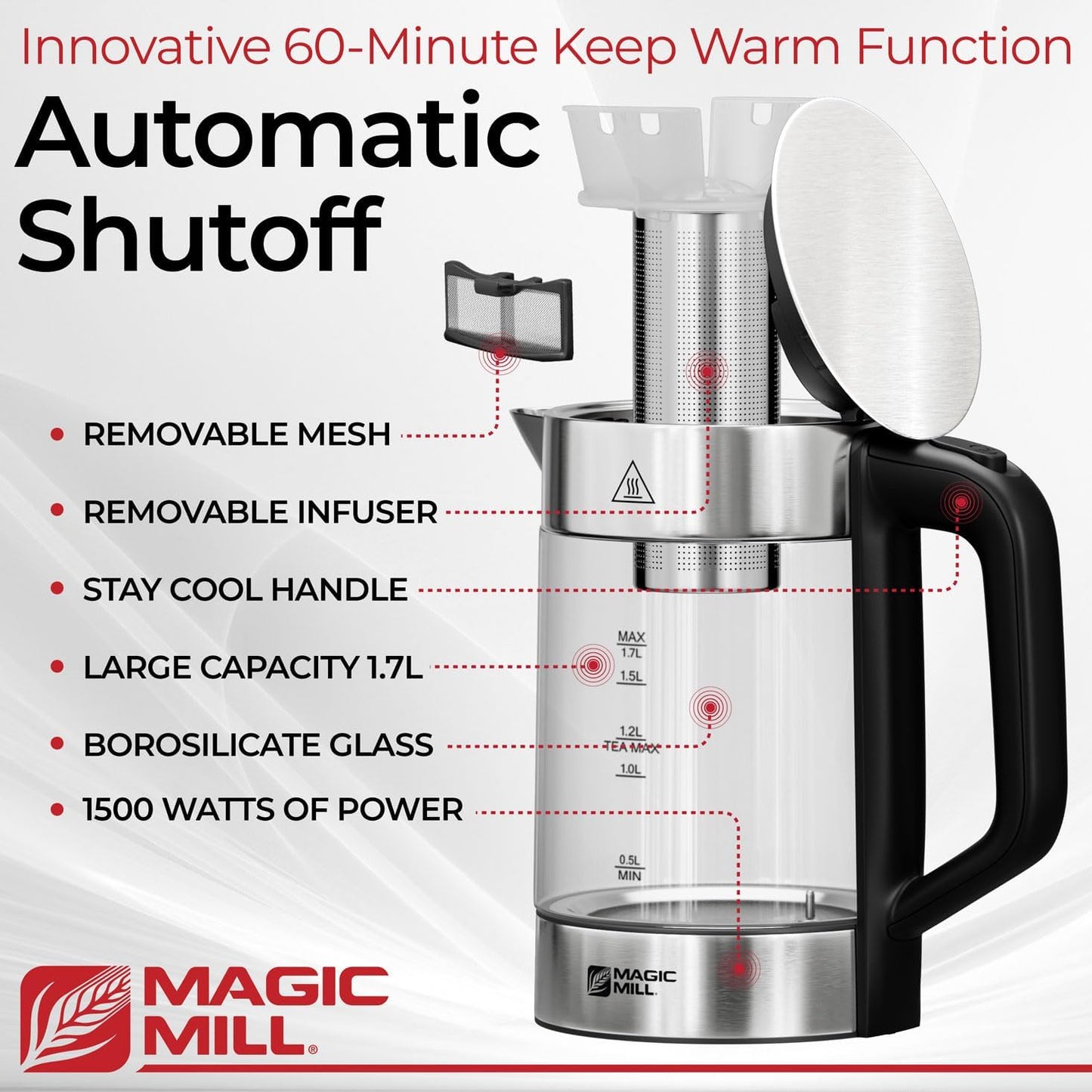 Magic Mill Pro Electric Kettle with tea Infuser and Temperature Control - Keep Warm Function, Rapid Boil, Automatic Safety Shut Off, BPA Free, No Plastic on Water, British Patent Technology,Large 1.7L