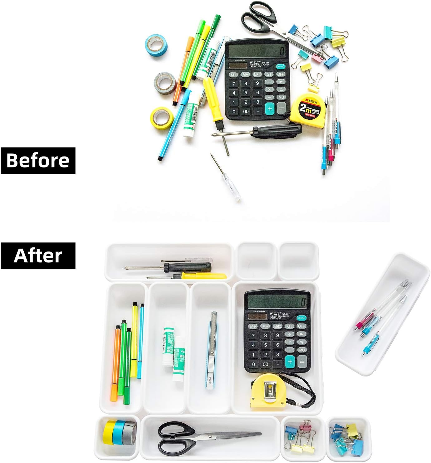 BYCY 18 Pcs White Drawer Organizers Trays Set Drawer Dividers for Kitchen Office Bathroom, Interlocking Bin Pack (18 Pieces)