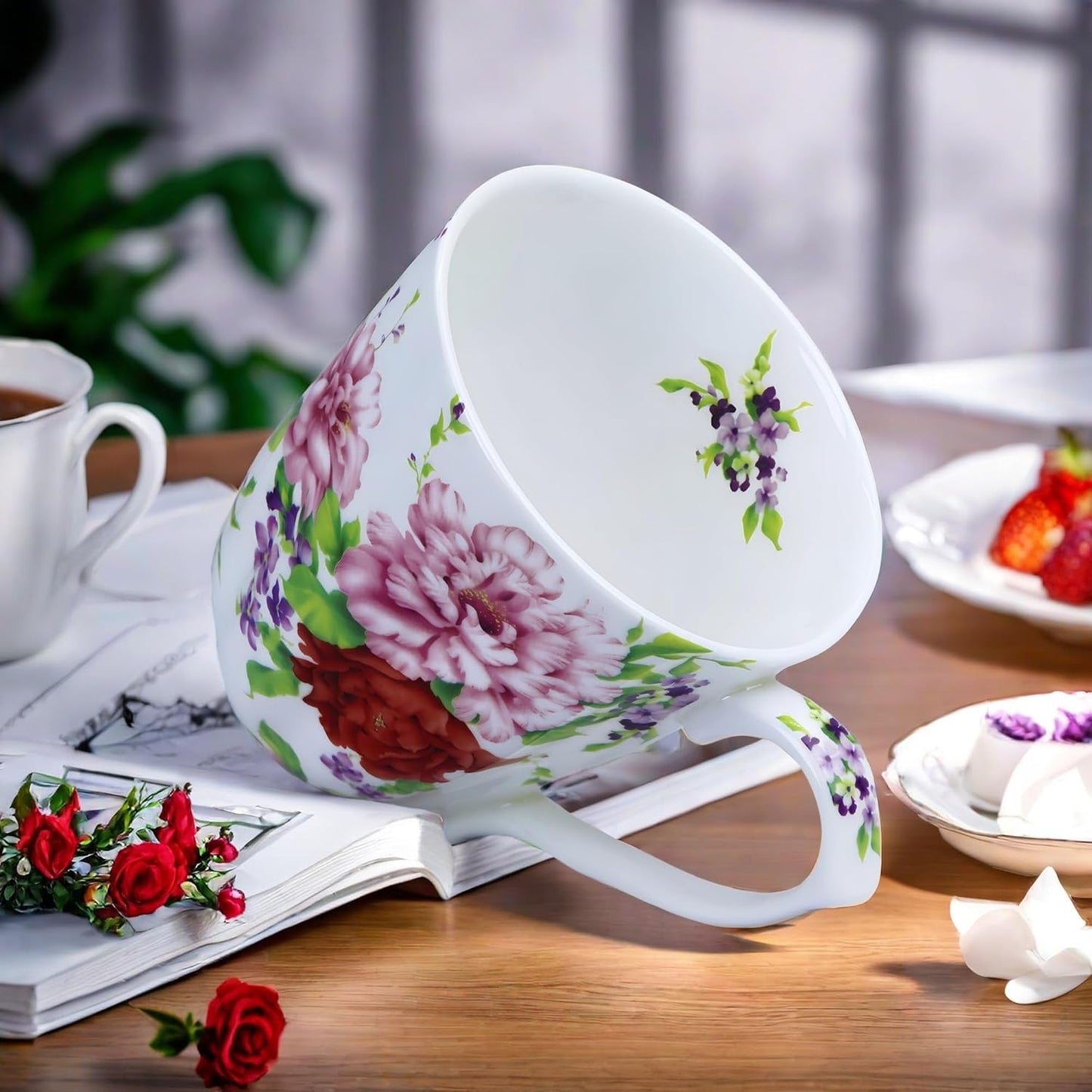 14oz Cute Coffee Mugs for Women Cute Mugs Bone China Floral Coffee Mug Teacups for Mom Women Birthday Gifts Christmas Gifts (white background floral)