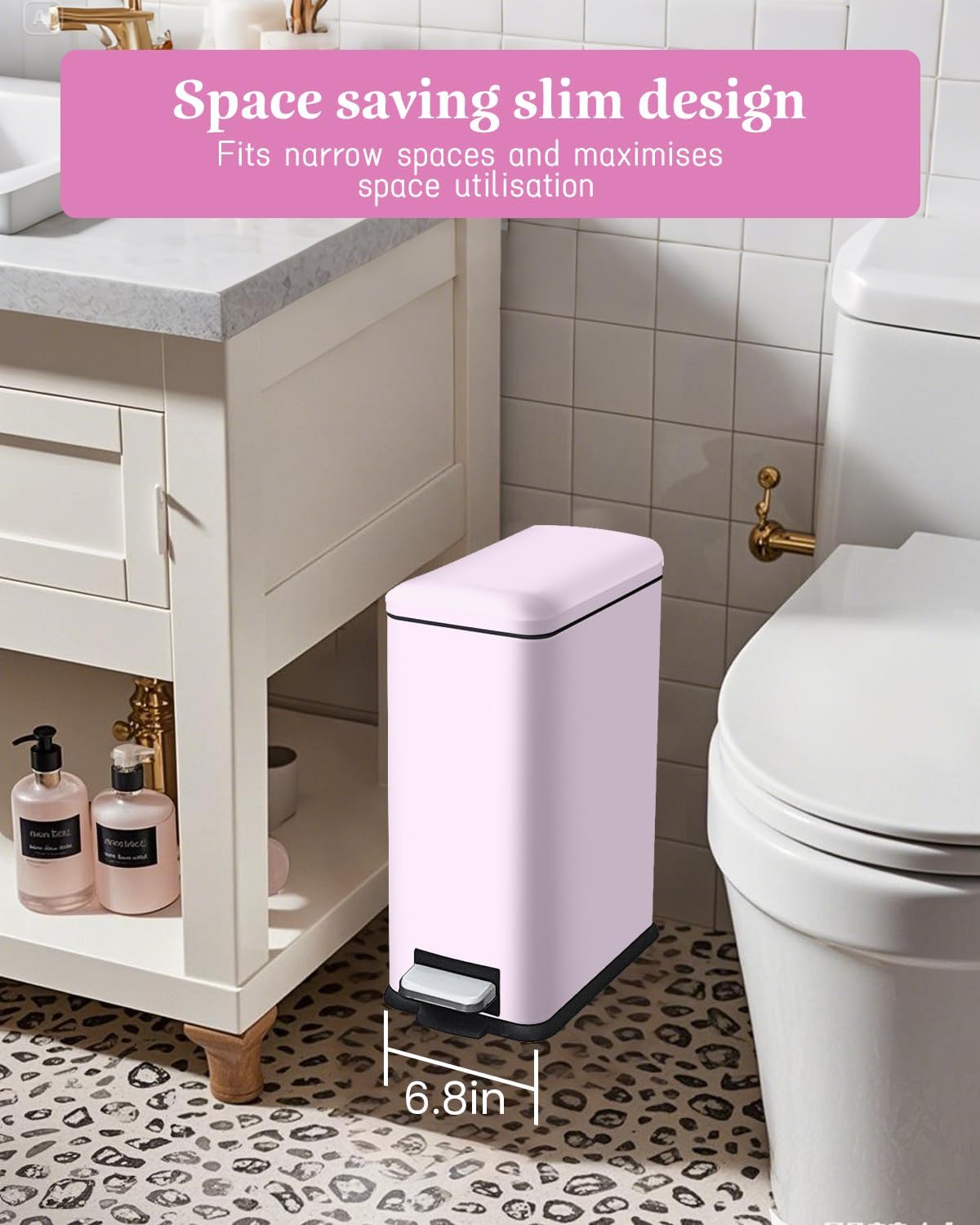 Bathroom Trash Can, 10L/2.6 Gallon Stainless Steel Slim Garbage Can, Pedal Trash Bin with Removable Liner Bucket, Soft Close Lid, Rectangle Trash Bin for Office, Kitchen, Bedroom, Pink
