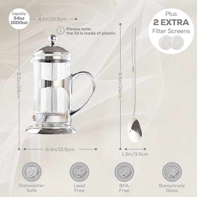 DUJUST Silver French Press Coffee Maker, Luxury Design French Coffee Press with 4-Level Filter System, High-Grade Glass for Hot & Cold Resistance, Include Long Size 304 Stainless Steel Spoon - 34oz