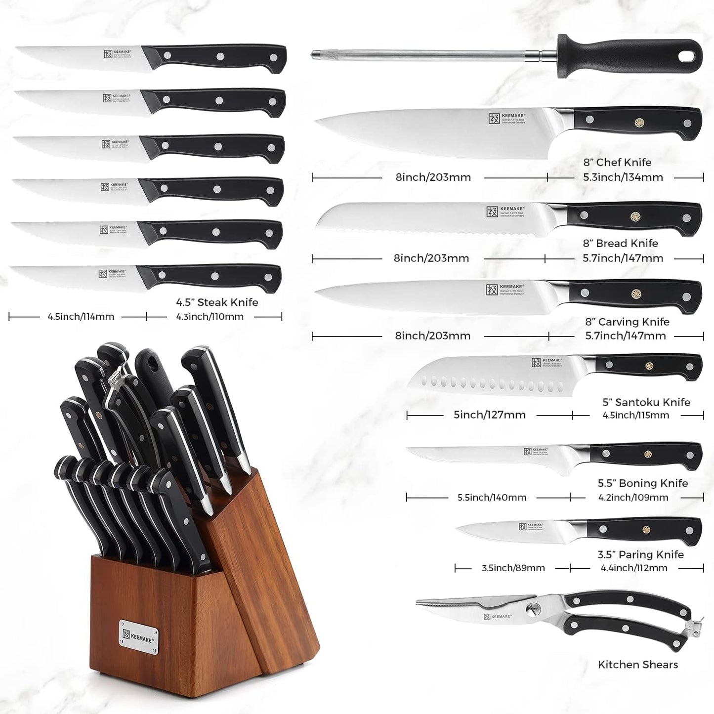 KEEMAKE Knife Block Set, 15Pcs High Carbon Stainless Steel Kitchen Knife Set with Block, Ultra Sharp Knives Set for Kitchen with Knife Sharpener Kitchen Scissors, Forged Chef Knife Set