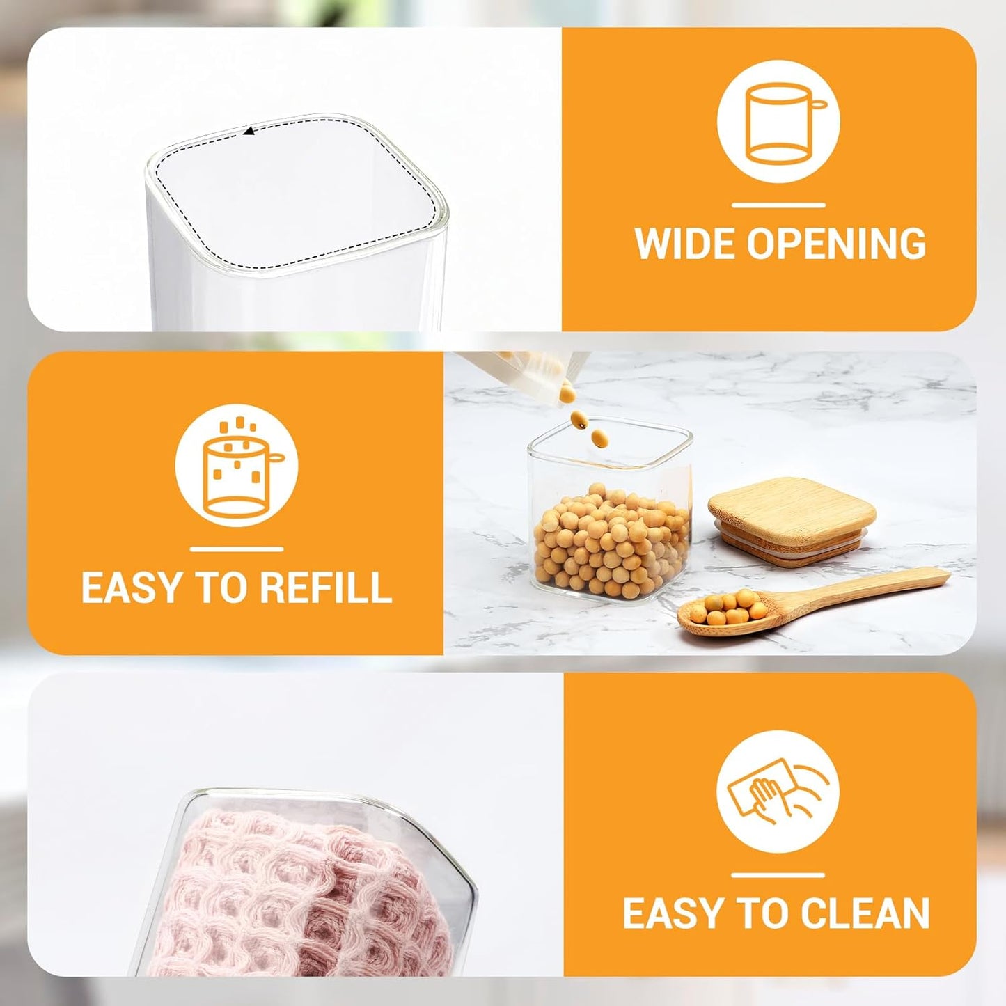 Square Glass Jars with Bamboo Lids Set of 2, 4 Fl.oz Small Glass Spice Jars with Airtight Lid, Stackable Sugar Coffee Containers Clear Food Storage Canister for Loose Tea, Jam, Seasoning