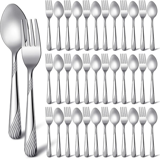 50 Pcs Forks and Spoons Silverware Set Stainless Steel Flatware Cutlery Set Heavy Duty Metal Spoons and Forks for Kitchen Utensil Dinner Restaurant Home, Mirror Polished, Dishwasher Safe(Stripe)
