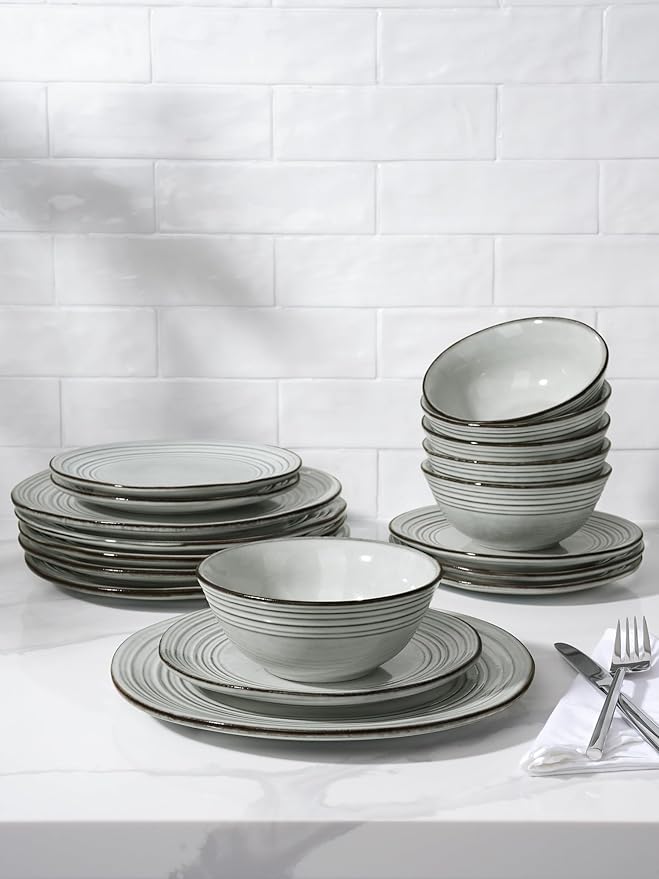 Famiware Plates and Bowls Sets 24-Piece Stoneware Dinnerware Sets, Dishes Set for 8, Hand-made Reactive Glaze Dish Set, Twilight Series, Ashy Blue