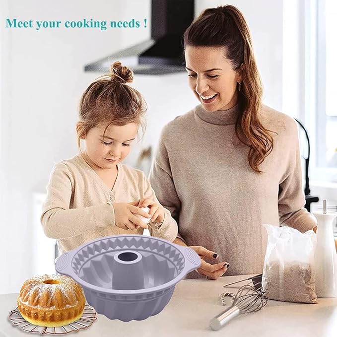 Kenond 2 PCS 9.5 Inch Silicone Cake Pans, Non-stick Fluted Cake Pan with Sturdy Handle, Cake Baking Molds, Perfect Bakeware for Cake, Jello, Gelatin, Bread, Para Gelatinas (Gray)