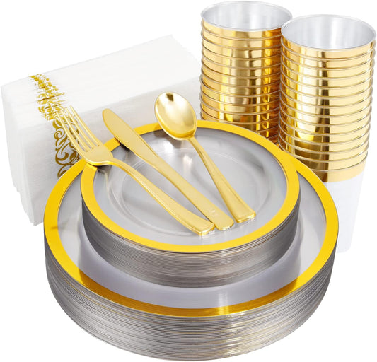 YOUBET 210PCS Clear Gold Plastic Dinnerware - Gold Plastic Plates and Golden Dinnerware Includes 30 Dinner Plate, 30 Dessert Plate, 30 Gold Cups, 30 Napkins for Party & Wedding Thanksgiving