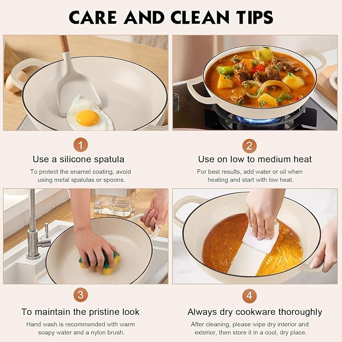 Overmont Enameled Cast Iron Dutch Oven - 3.8 Quart Dutch Oven Pot with Lid - Shallow Cookware Braising Pan - Cast iron Casserole with Cookbook & Heat-resistant Caps - Oven Safe up to 500° F