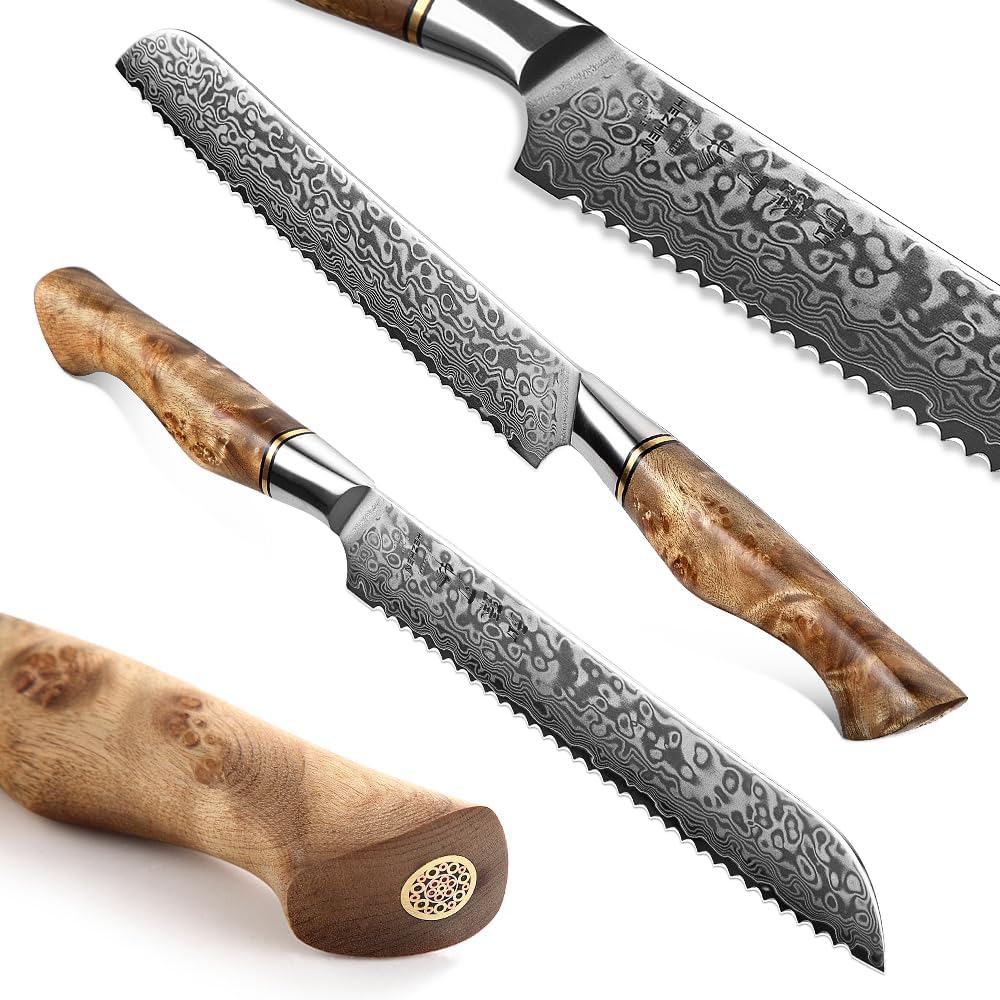HEZHEN 8.3 Inch Serrated Bread Knife, Damascus Steel Cake Knife,High Carbon Steel Kitchen Knife, Wood Handle and Gift Box