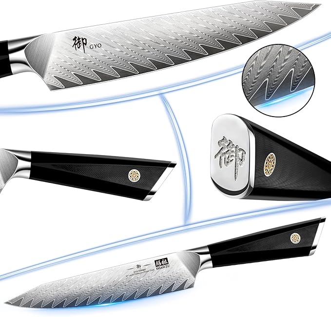 SHAN ZU Damascus Chef Knife 6 inch,67-Layer Japanese Steel 10Cr15CoMoV Kitchen Knife, High Carbon Super Sharp Japanese Chef Knife, All Purpose Professional Kitchen Utility Petty Knives with G10 Handle