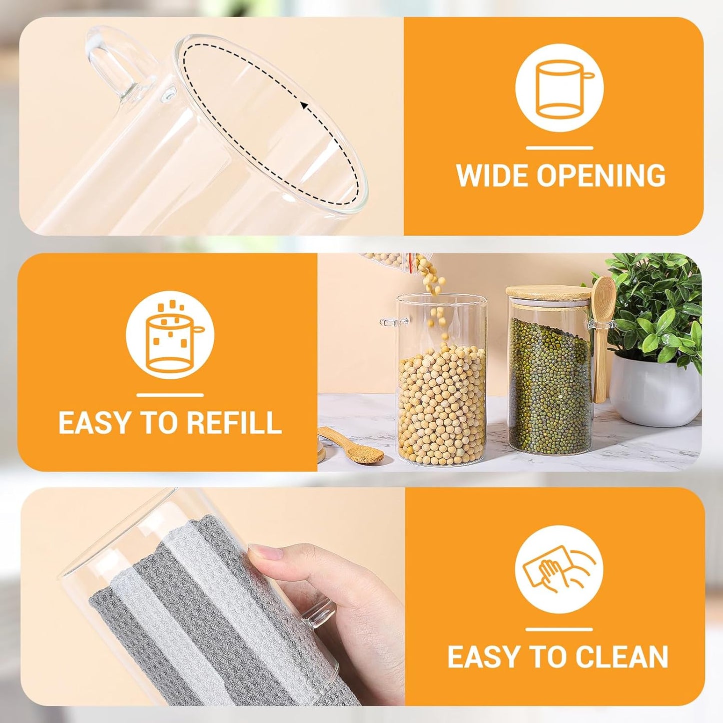 Glass Jars with Bamboo Lids and Spoon - 6 Pack 23 Fl.oz Glass Canisters Set with Airtight Lids, Labels and Marker, Loose Leaf Tea Jar Clear Pantry Storage Containers for Bean, Oats, Cereal