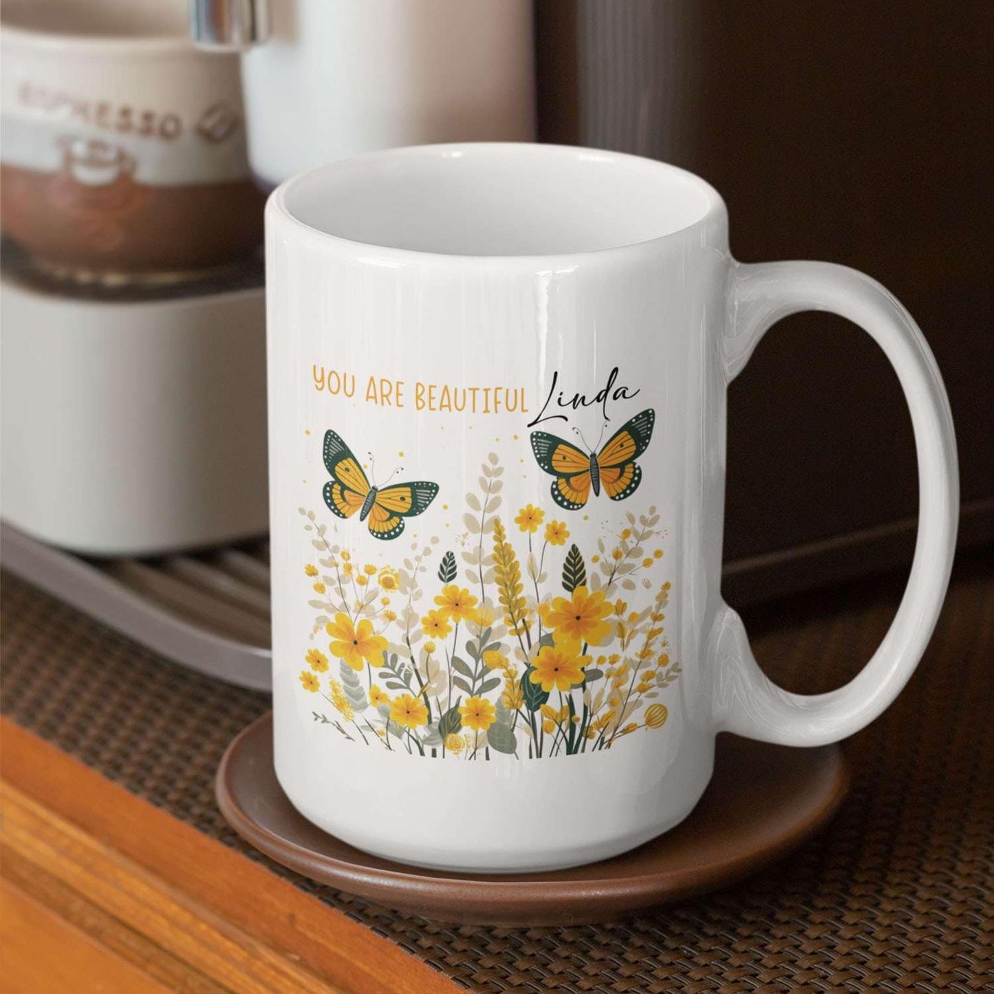 Novelty Customized You Are Beautiful Travel Mugs, Custom Unique Ceramic Cup With Lovely Butterfly And Flowers 11oz 15oz, Personalized Name On Animal Mug Presents On Graduation