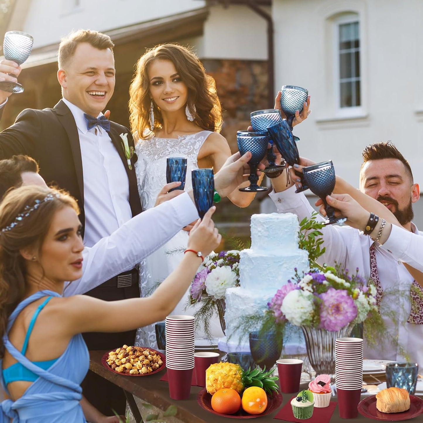 Tioncy 200 Pcs Disposable Paper Plates Cups and Napkins Party Supplies Serve 50 Guests Disposable Paper Dinnerware Set for Halloween Birthday Wedding Baby Shower Family Picnic(Burgundy)