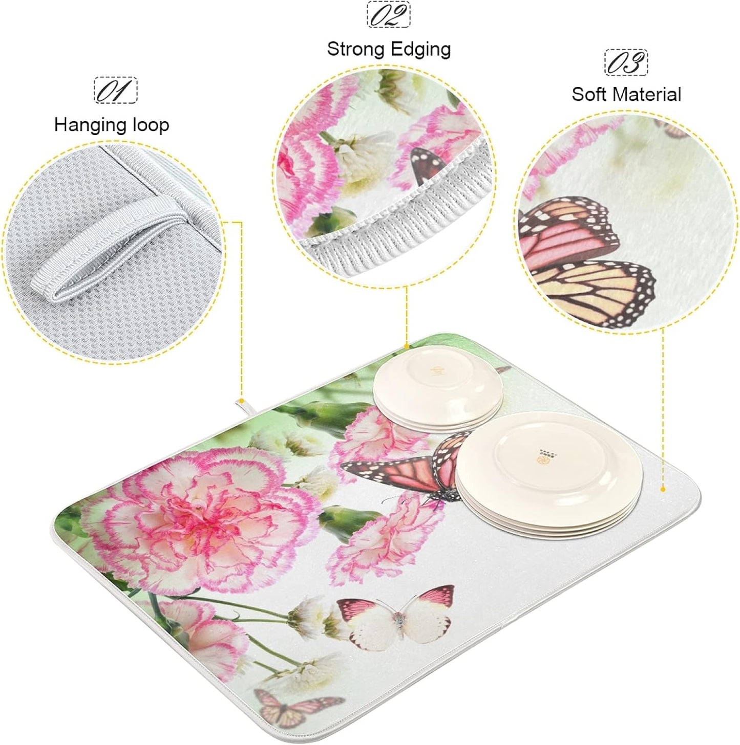 Dish Drying Mat for Kitchen Counter 18 x 24 Inch Pink Roses Butterfly Super Absorbent Microfiber Dish Drainer Rack Mats Soft Heat Resistant Drying Protector Pad