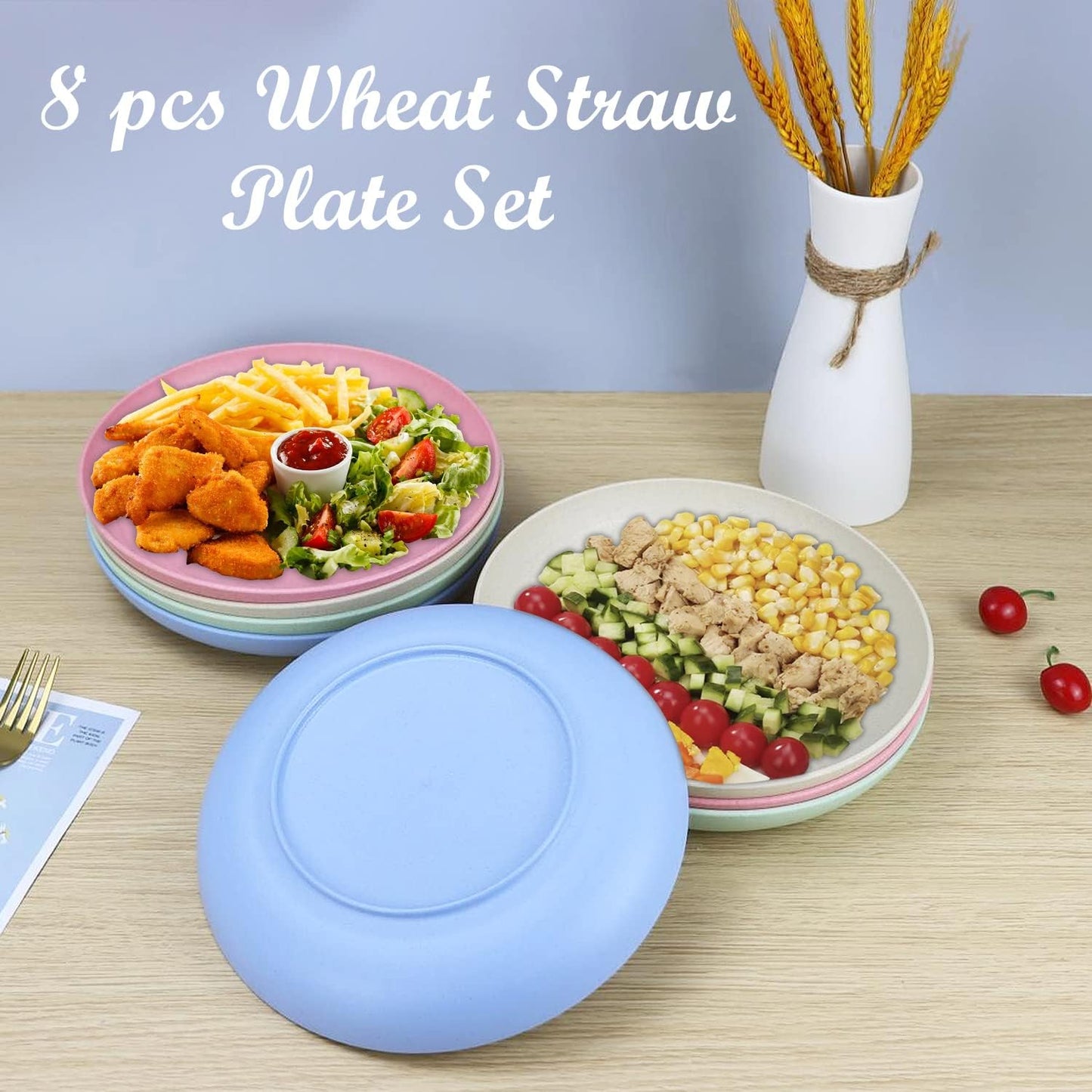 Homienly Deep Wheat Straw Dinner Plates Set of 8, Alternative to Plastic - Microwave & Dishwasher Safe, Unbreakable Kids Plates with 4 Colors (Fresh Light, 10 inch)