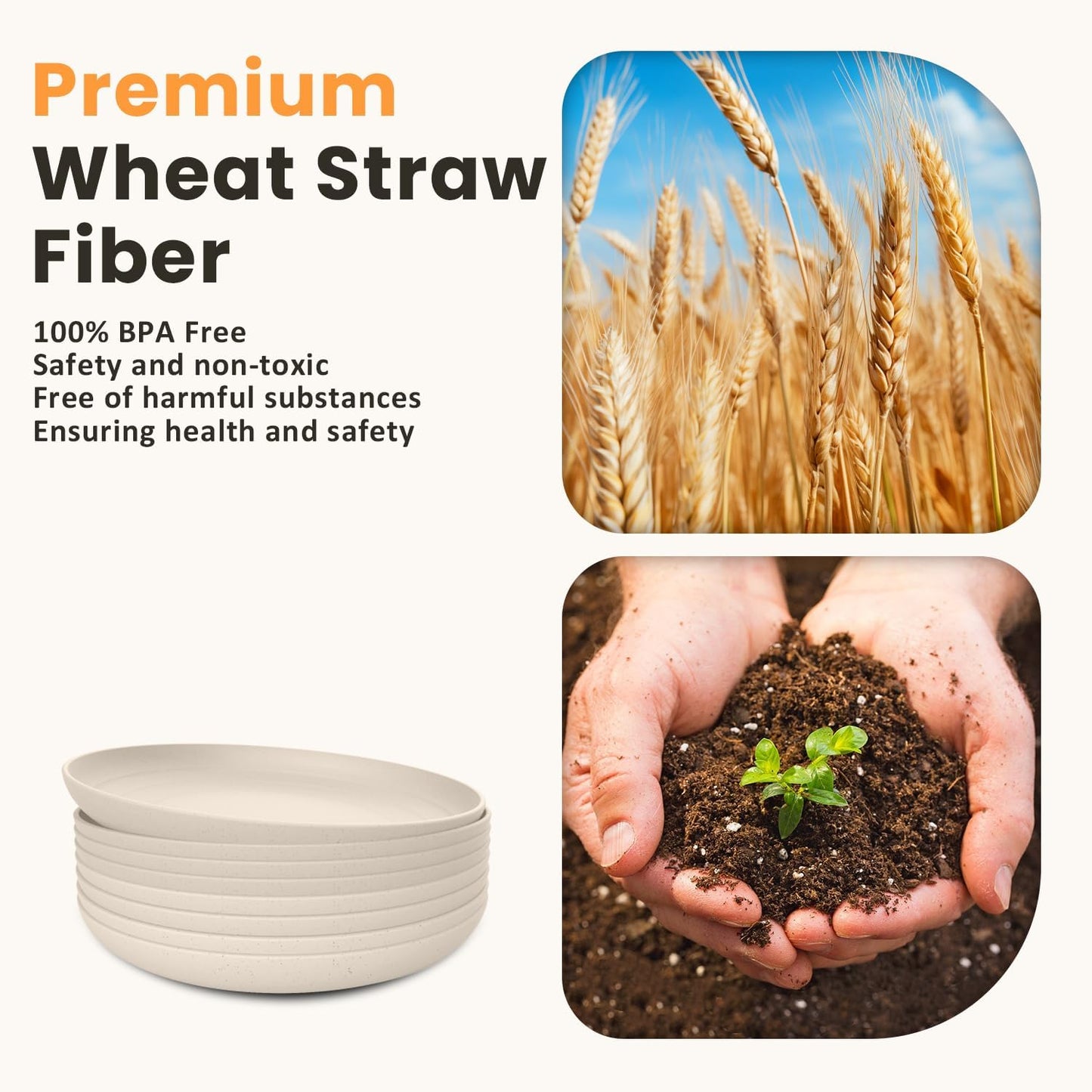 Homienly Wheat Straw Dinner Plates Set of 8, Unbreakable, Dishwasher & Microwave Safe, Modern Style, 9 inch, Beige