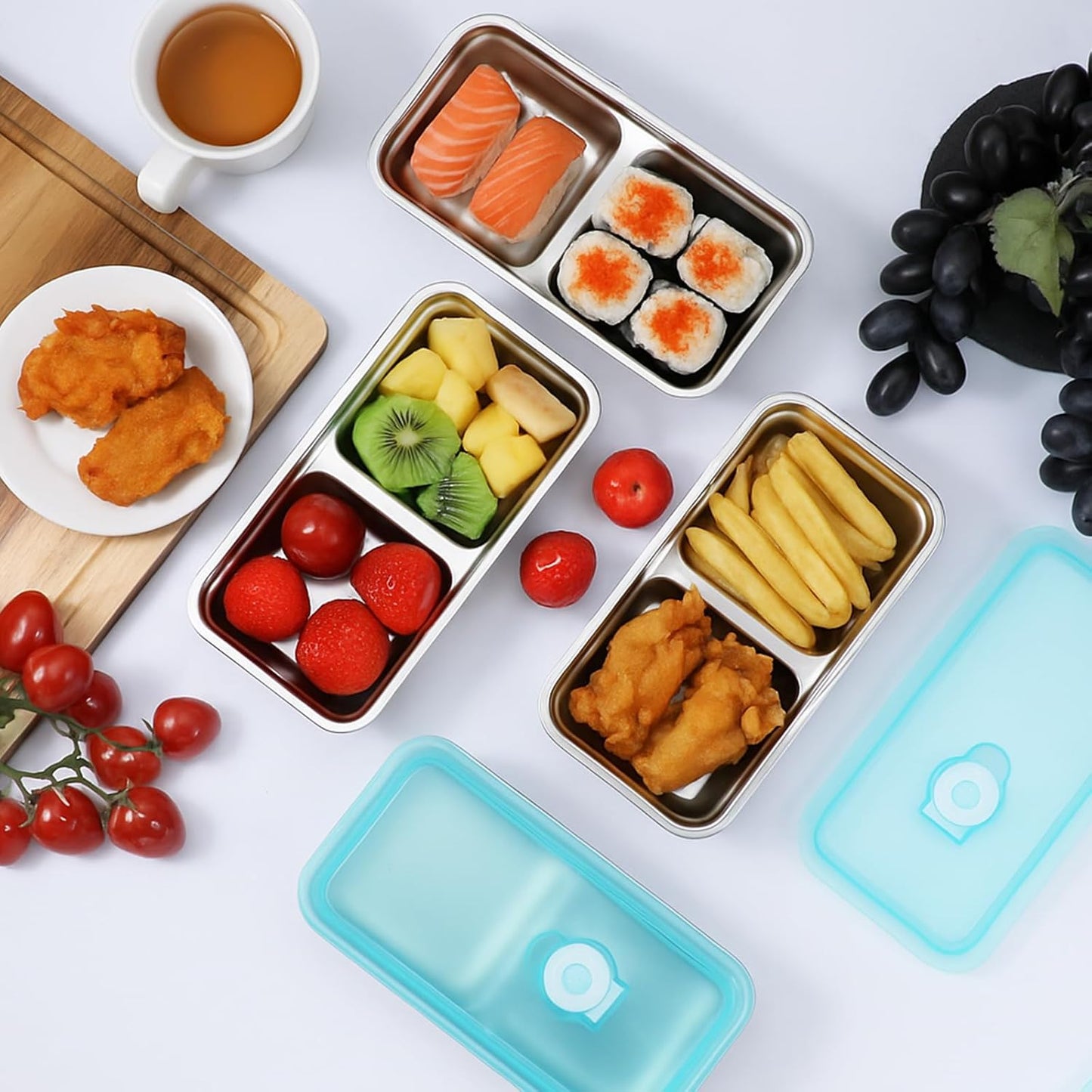 Stainless Steel Snack Containers with Lids, 6 Pcs Double Compartment Lunch Box Reusable Leakproof Condiment Box Dishwasher Safe for Travel Camping and Meal Prep