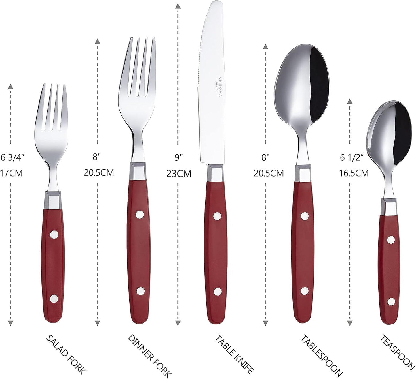 ANNOVA Silverware Set, Retro/Rivet Colorful Stainless Steel Tableware Kitchen Flatware Set Utensils, Includes Dinner Knives, Forks, Spoons & Dessert Spoons (Red, 24 Pieces)